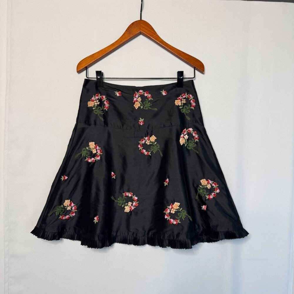 Anthropologie Odille Black Silk Shantung Floral Embroidered A line Skirt Size 8